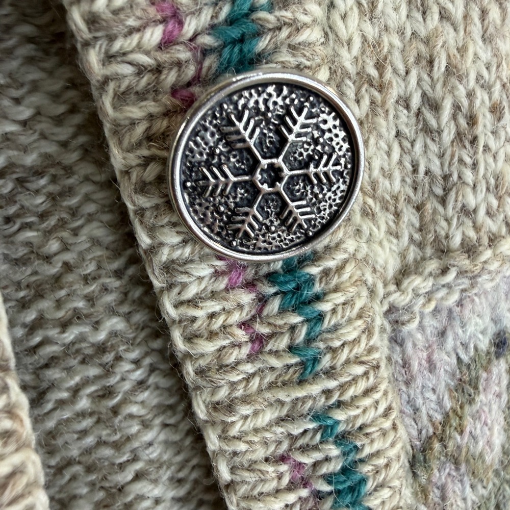 Woolrich Cardigan Sweater Women M Tan Intarsia Folk Art Geese Apple Carriage - Picture 4 of 12